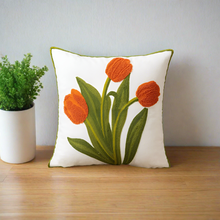 Embroidery Tulip Floral Throw Pillow Cover