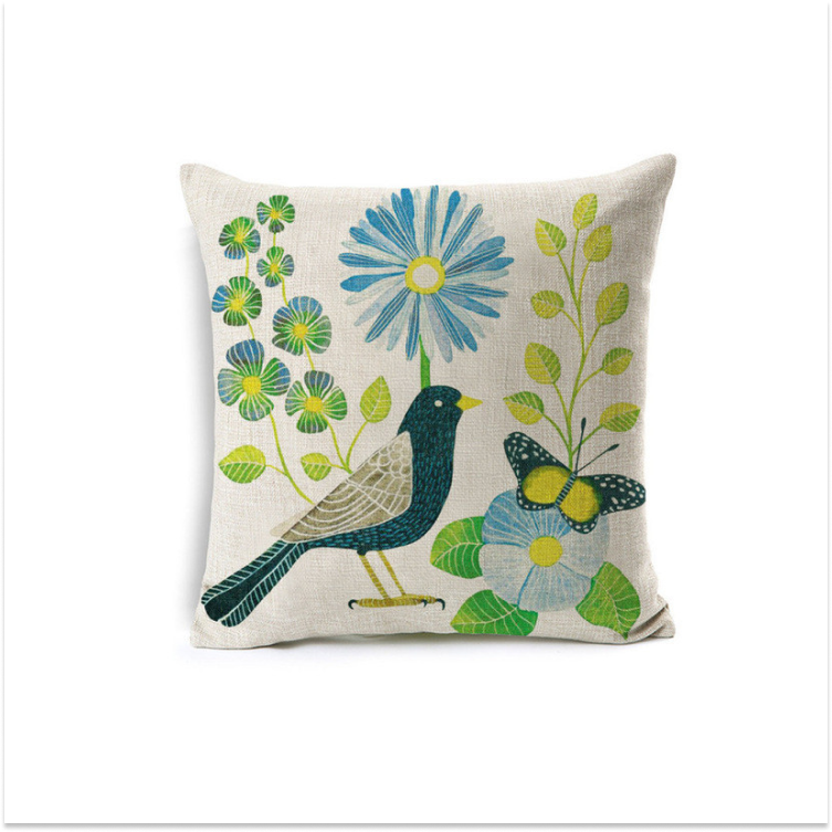 Green Bird With Green Leaves and Blue Flowers Pillowcase