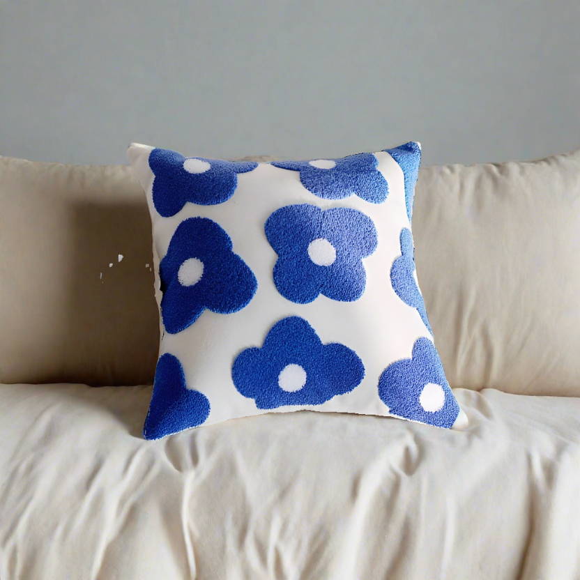 Embroidery Blue Nordic Flower Throw Pillow Cover