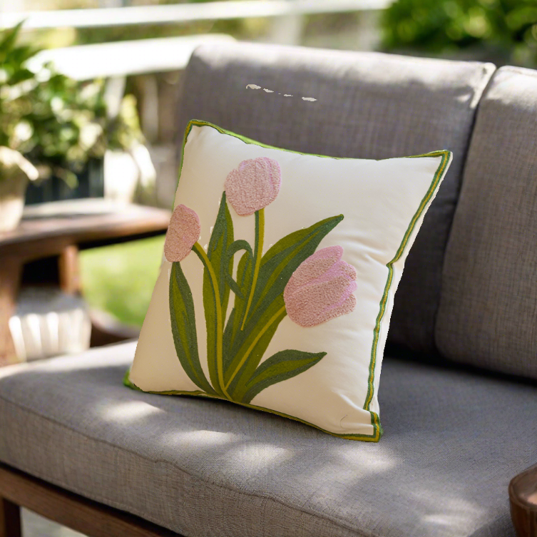 Embroidery Tulip Floral Throw Pillow Cover