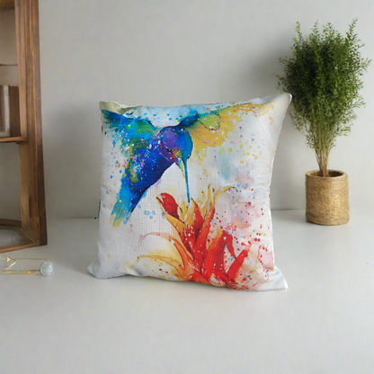 Oil Painting Blue Humming Birds With Flowers Throw Pillow Cover