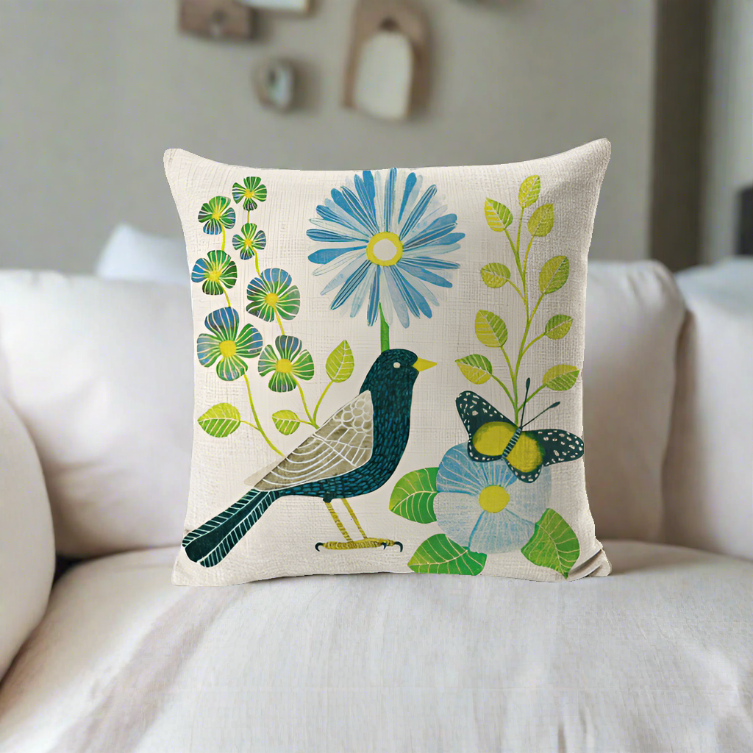 Green Bird With Green Leaves and Blue Flowers Pillowcase Pillow Cover