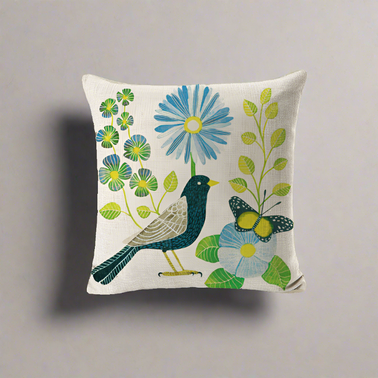 Green Bird With Green Leaves and Blue Flowers Pillowcase Pillow Cover