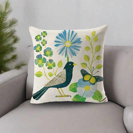 Green Bird With Green Leaves and Blue Flowers Pillowcase Pillow Cover