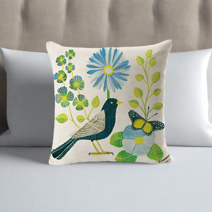 Green Bird With Green Leaves and Blue Flowers Pillowcase Pillow Cover
