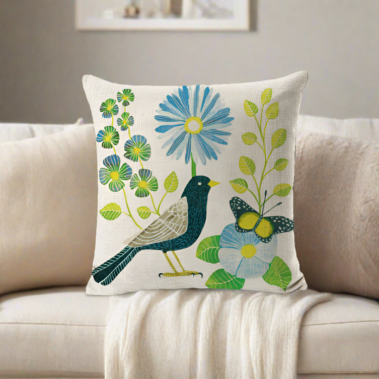 Green Bird With Green Leaves and Blue Flowers Pillowcase Pillow Cover