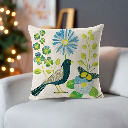 Green Bird With Green Leaves and Blue Flowers Pillowcase Pillow Cover