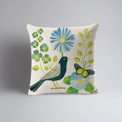Green Bird With Green Leaves and Blue Flowers Pillowcase