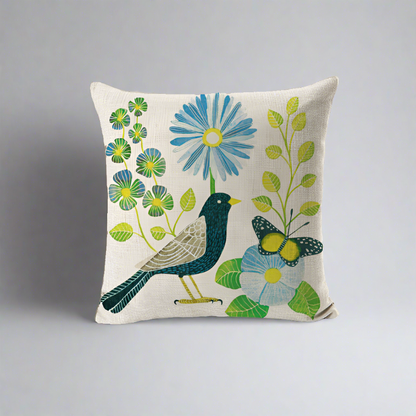 Green Bird With Green Leaves and Blue Flowers Pillowcase Pillow Cover