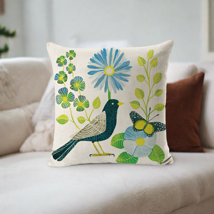 Green Bird With Green Leaves and Blue Flowers Pillowcase Pillow Cover