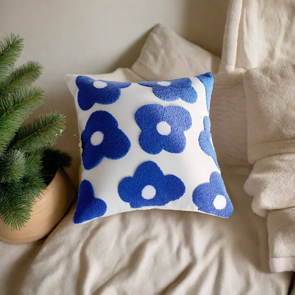 Embroidery Blue Nordic Flower Throw Pillow Cover