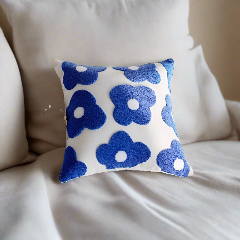 Embroidery Blue Nordic Flower Throw Pillow Cover