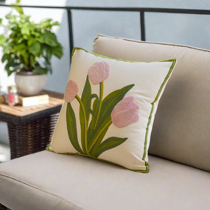 Embroidery Tulip Floral Throw Pillow Cover