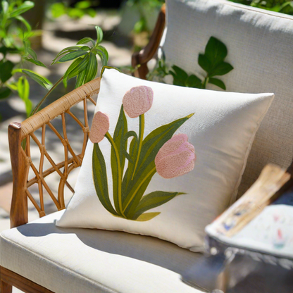 Embroidery Tulip Floral Throw Pillow Cover