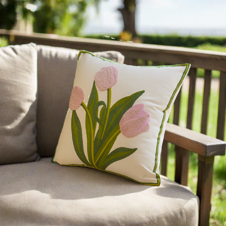 Embroidery Tulip Floral Throw Pillow Cover