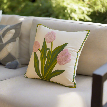 Embroidery Tulip Floral Throw Pillow Cover