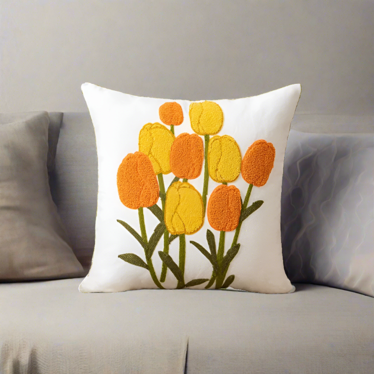 Embroidery Tulip Floral Throw Pillow Cover