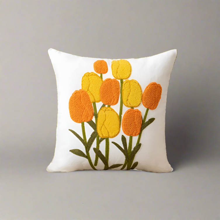 Embroidery Tulip Floral Throw Pillow Cover