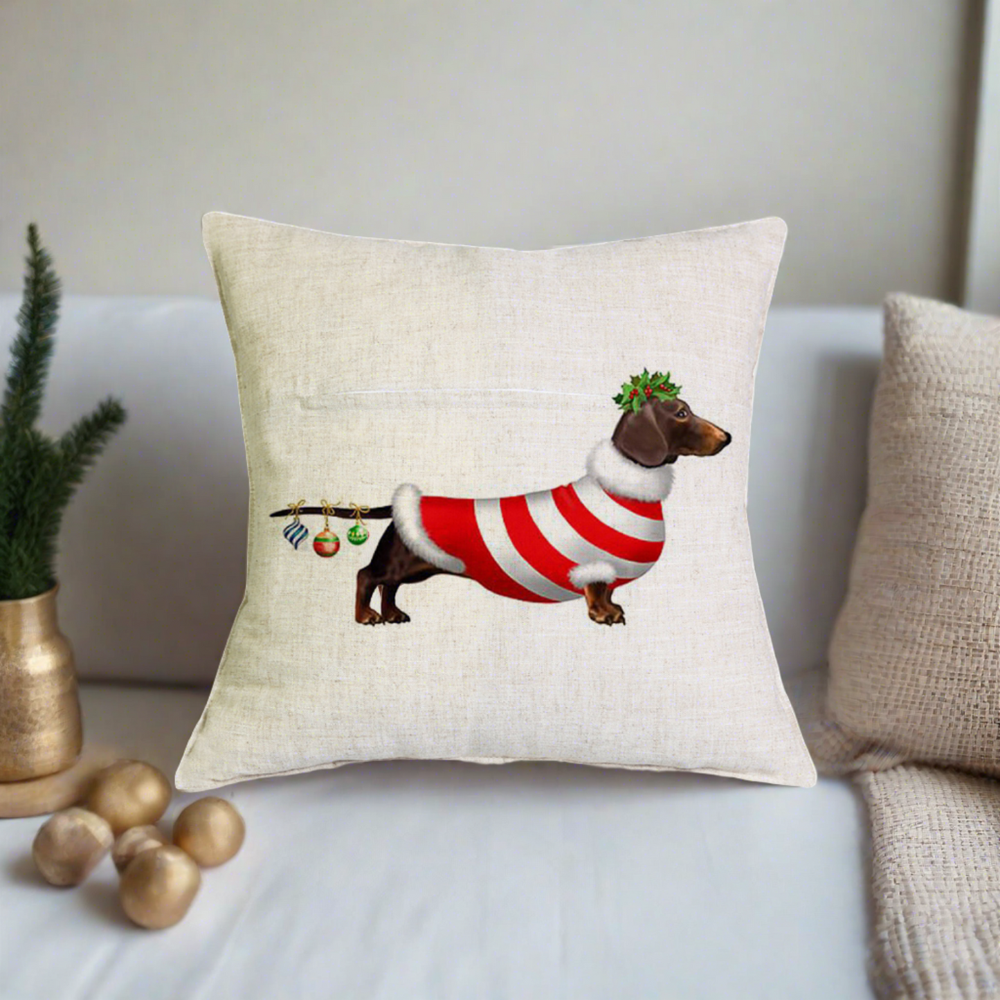 Christmas Dachshund - Red White Santa Shirt Pillow Cover