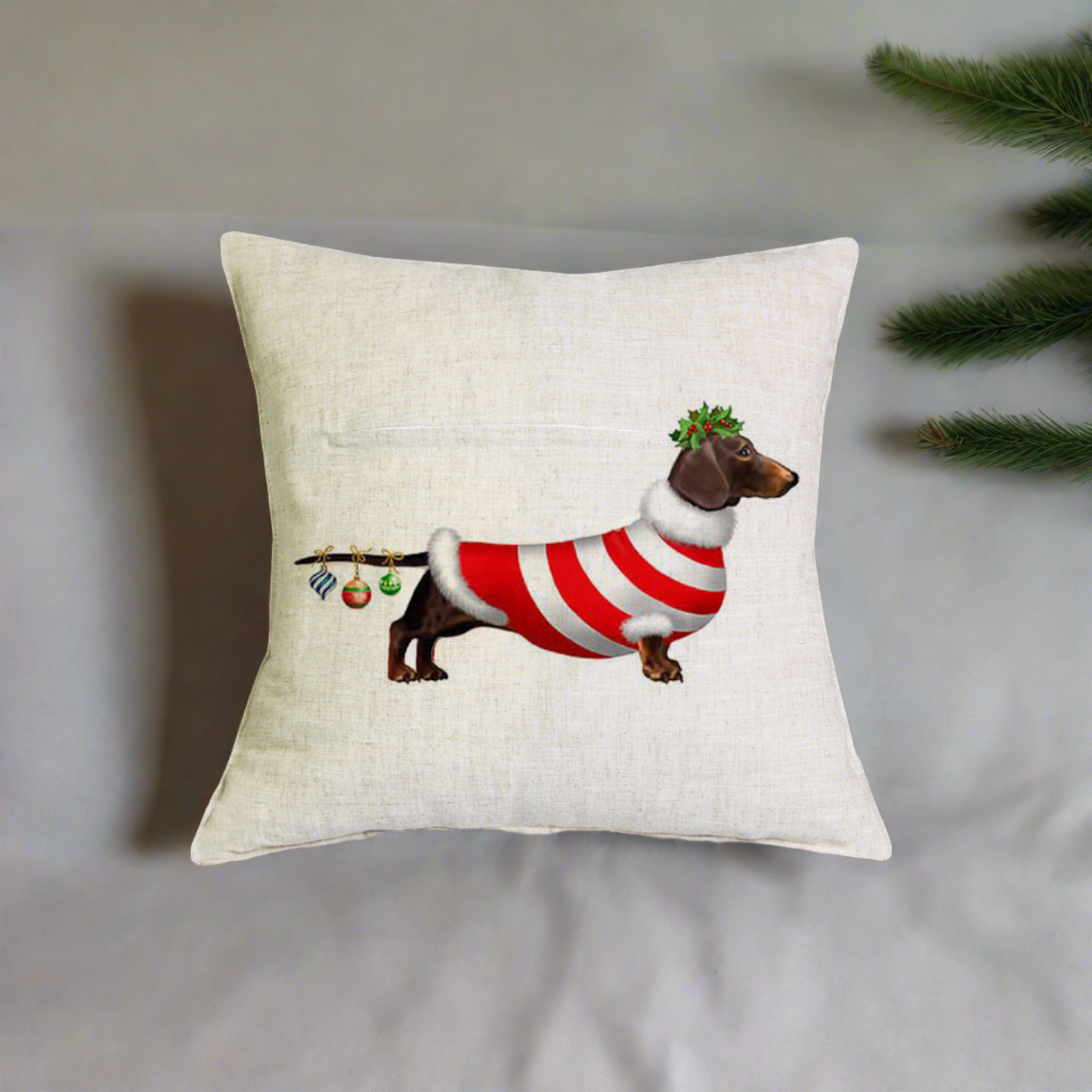 Christmas Dachshund - Red White Santa Shirt Pillow Cover