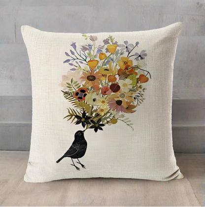 Black Bird with Flowers Pillowcase | Throw Pillow Cover