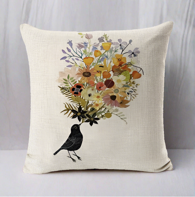 Black Bird with Flowers Pillowcase