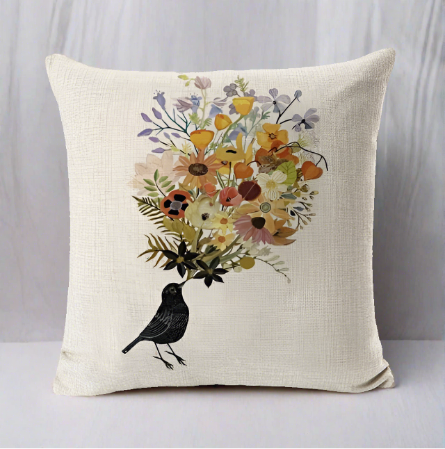 Black Bird with Flowers Pillowcase | Throw Pillow Cover