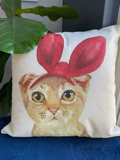 Lovely Orange Tabby Cat With Red Bunny Ear Pillow Cover