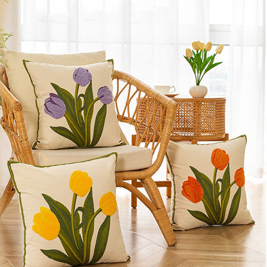 Embroidery Tulip Floral Pillow Covers