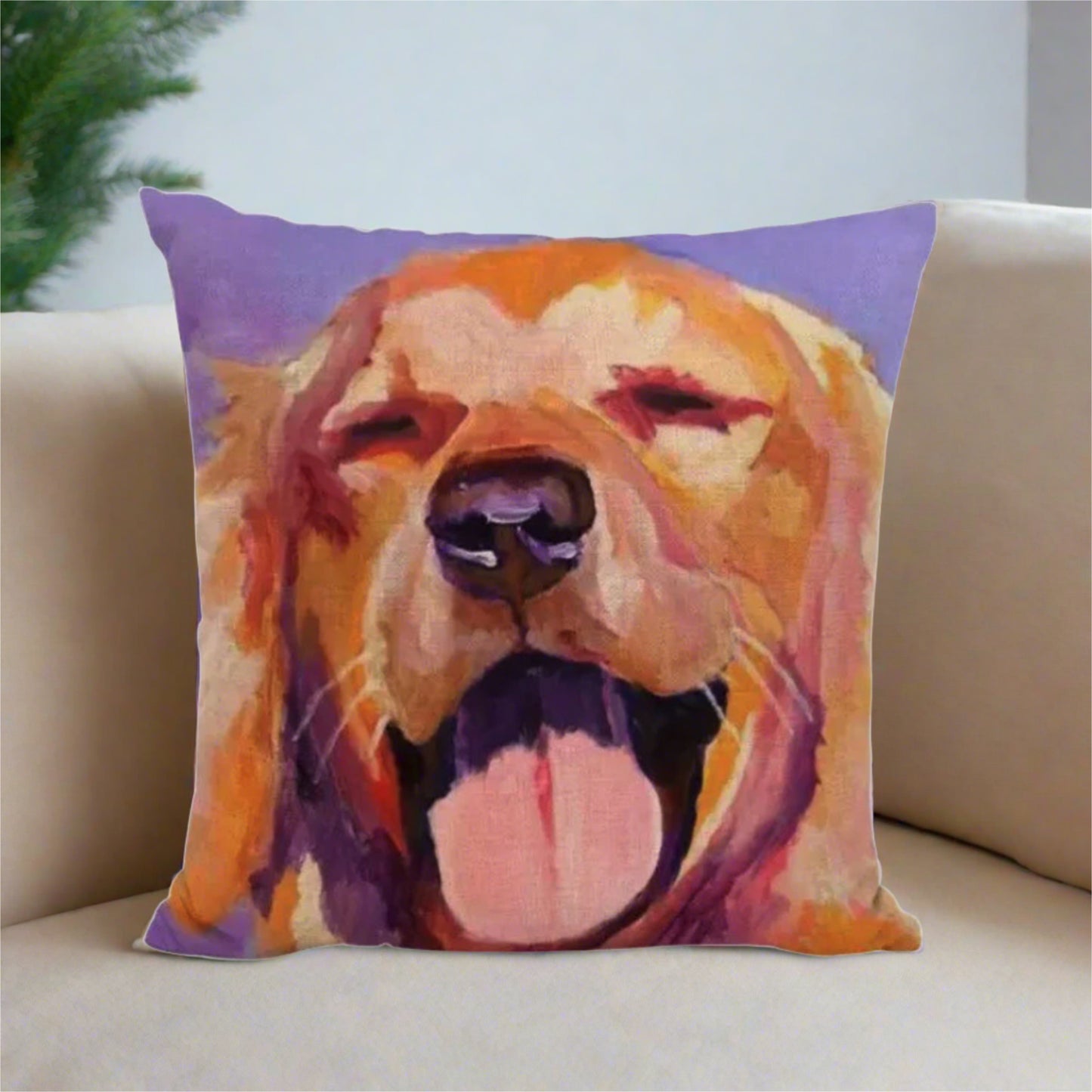 Purple Golden Retriever Happy Face Pillow Cover