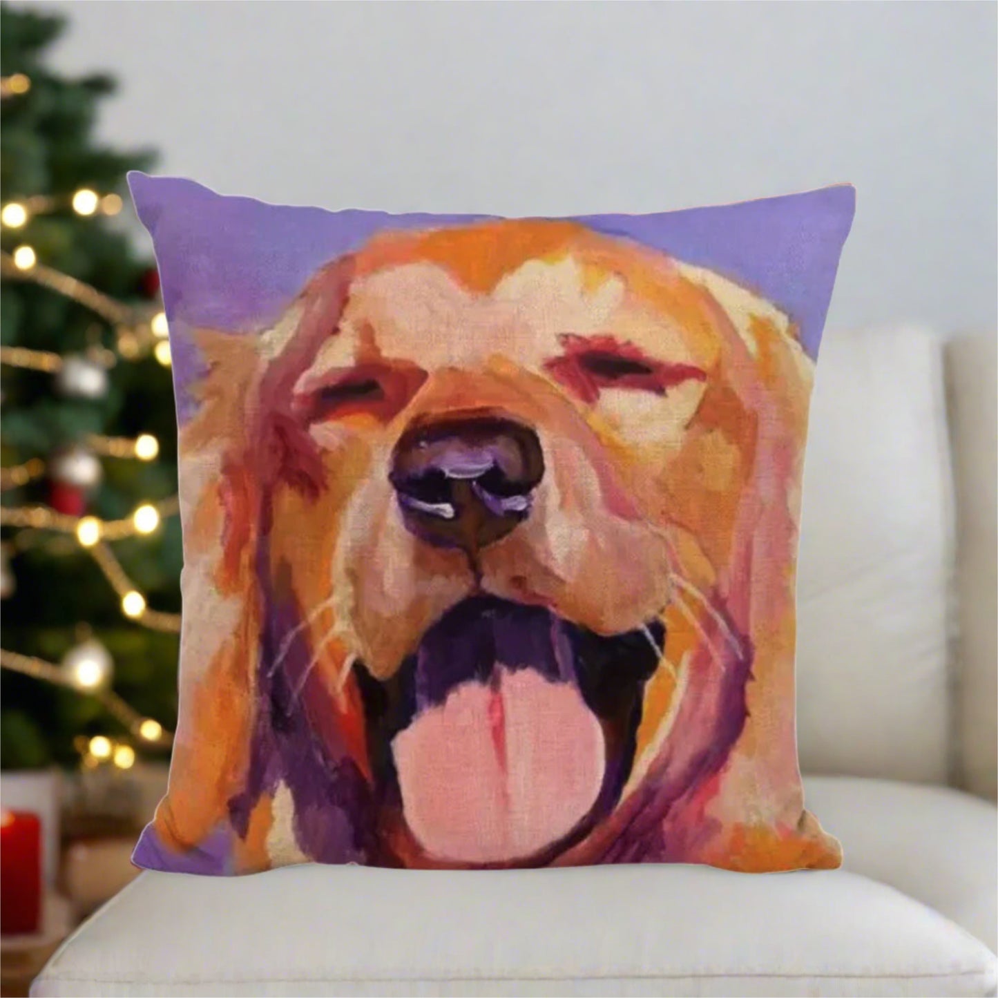 Purple Golden Retriever Happy Face Pillow Cover