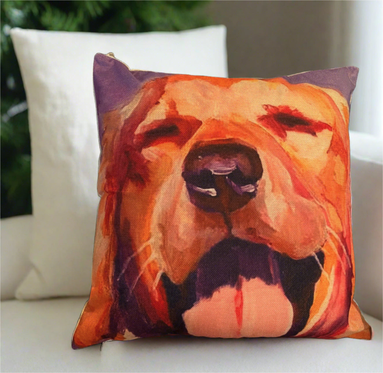 Purple Golden Retriever Happy Face Pillow Cover