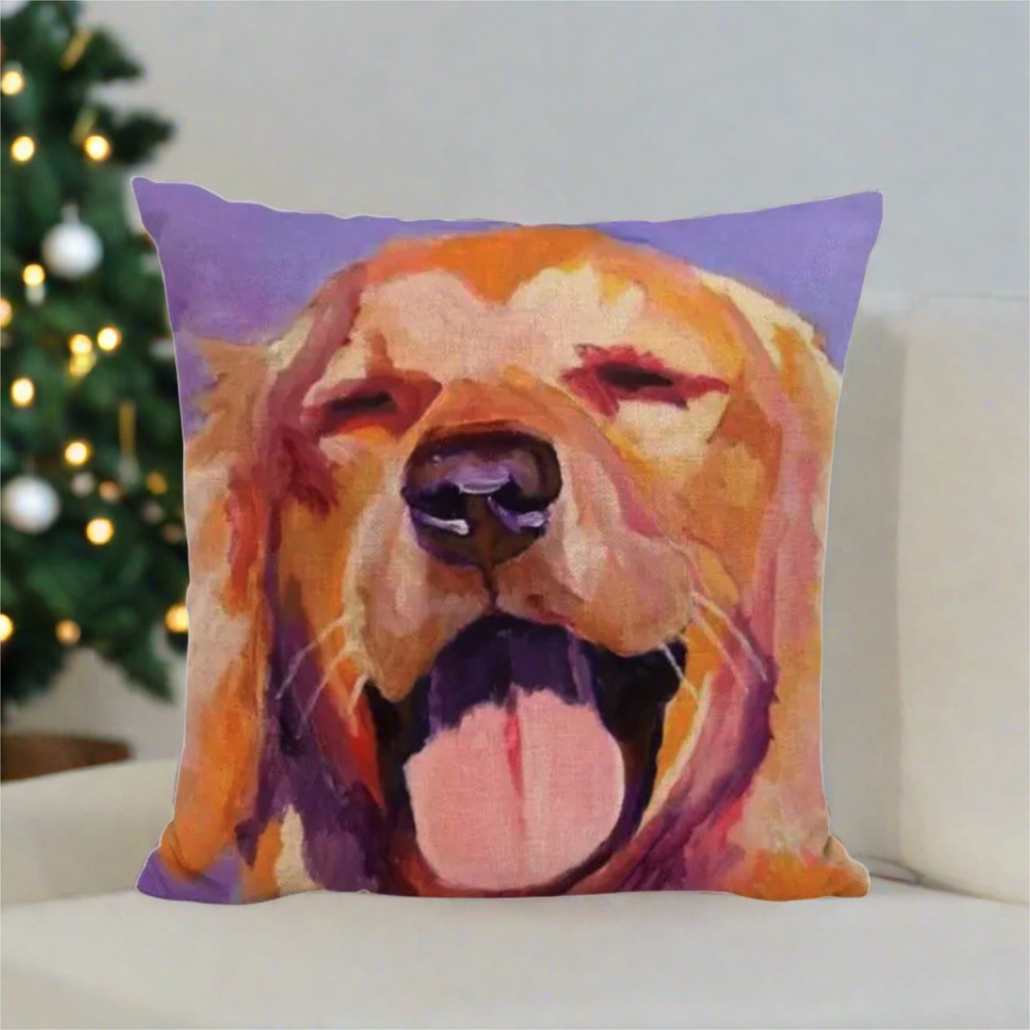 Purple Golden Retriever Happy Face Pillow Cover