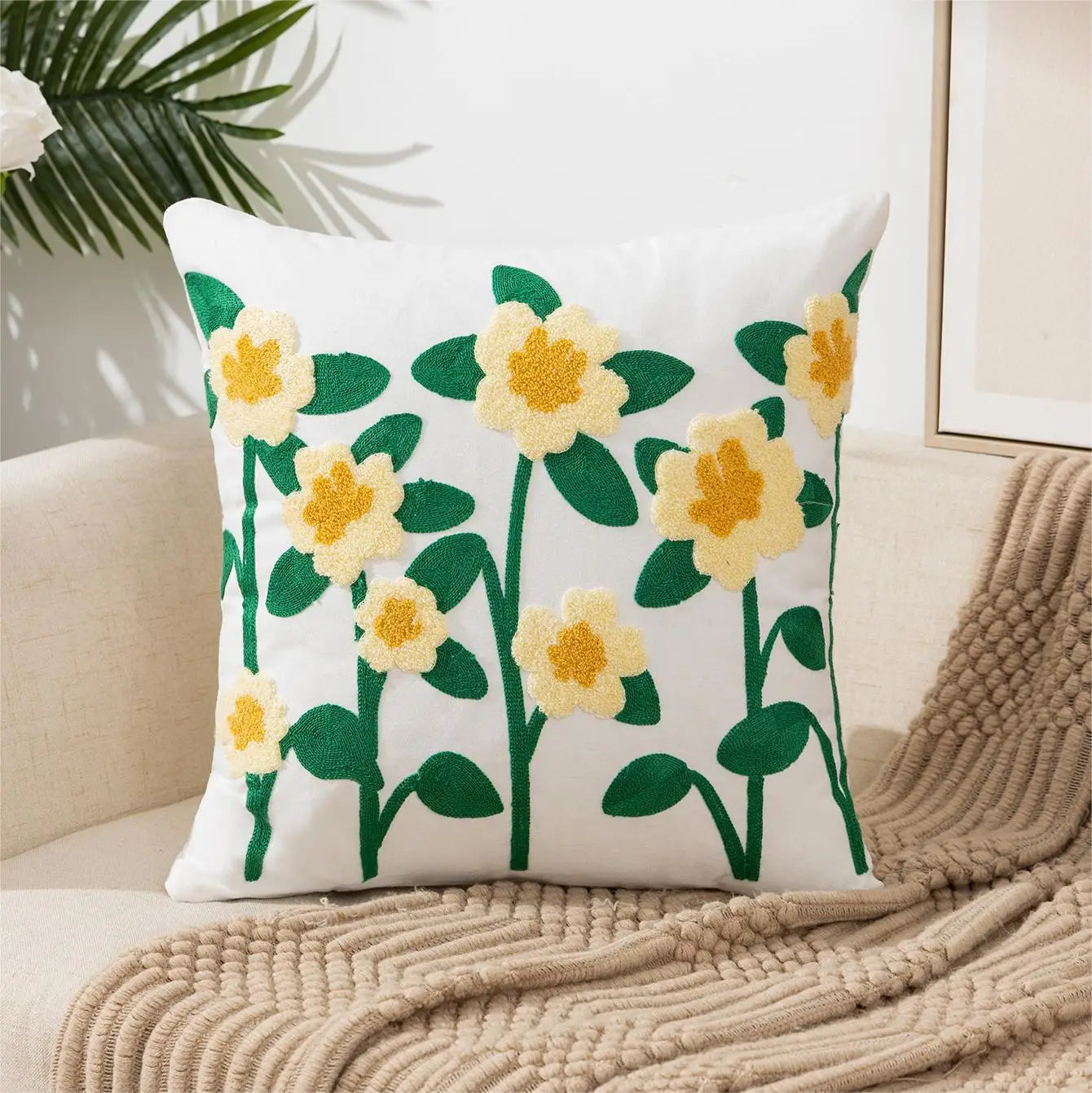 Yellow Vase Embroidery Flower Throw Pillow Cover