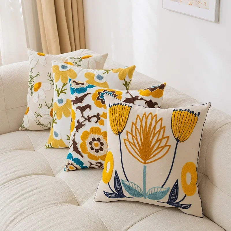 Yellow Vase Embroidery Flower Throw Pillow Cover