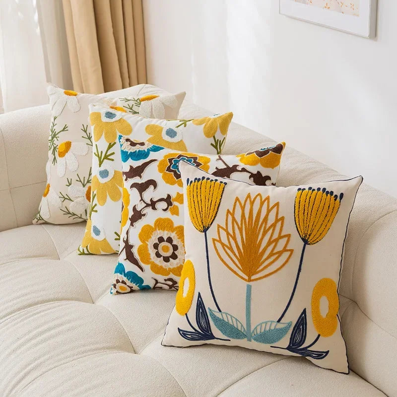 Yellow Vase Embroidery Flower Throw Pillow Cover