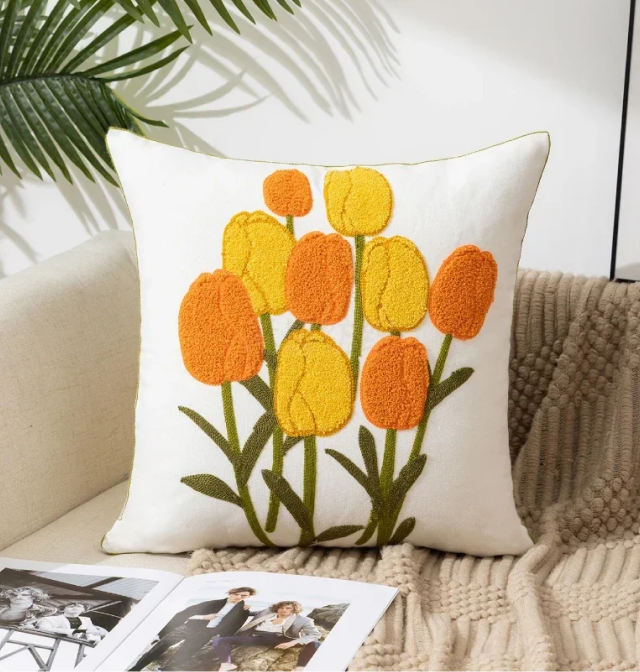 Embroidery Tulip Floral Throw Pillow Cover