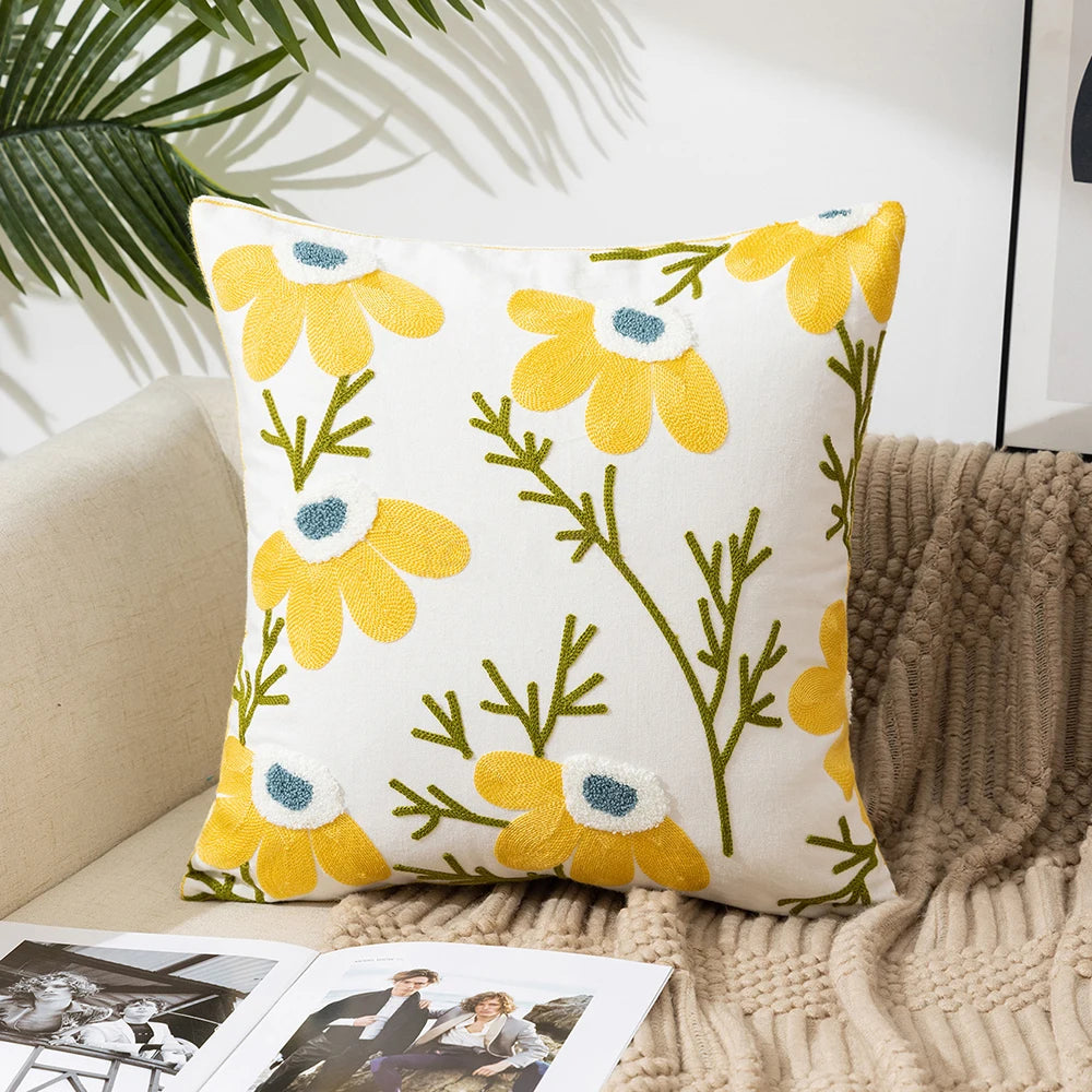 Yellow Vase Embroidery Flower Throw Pillow Cover