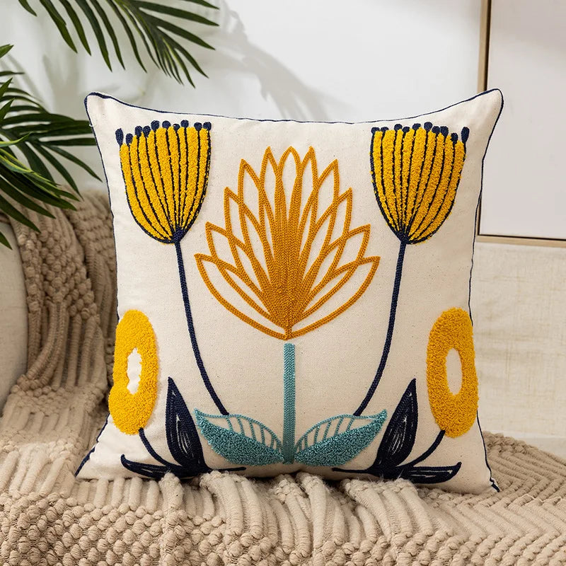 Yellow Vase Embroidery Flower Throw Pillow Cover