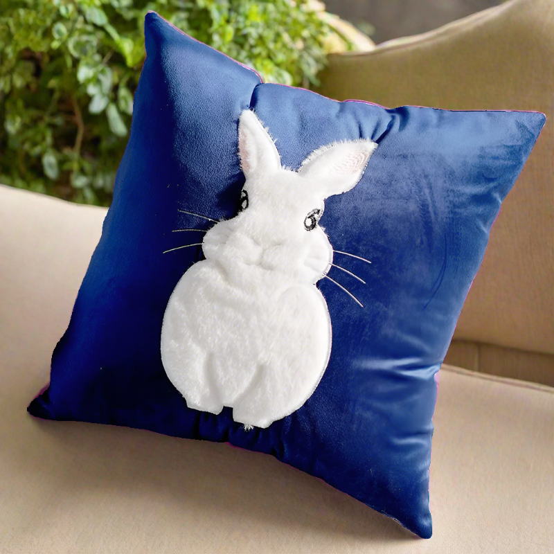 Embroidery Blue Rabbit Throw Pillow Cover