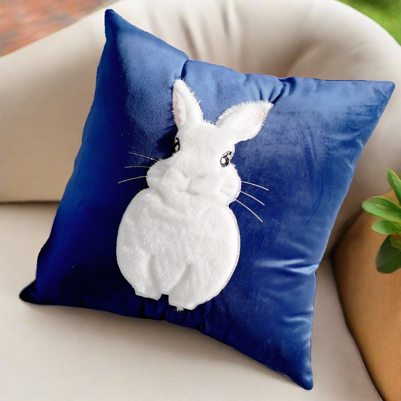 Embroidery Blue Rabbit Throw Pillow Cover