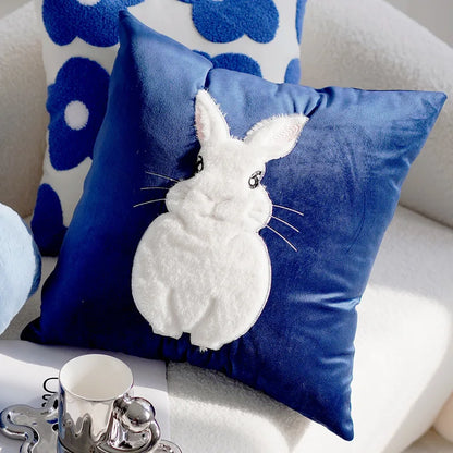 Embroidery Blue Rabbit Throw Pillow Cover