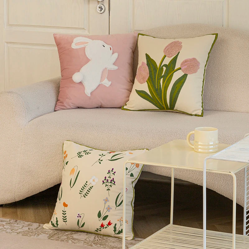 Embroidery Tulip Floral Throw Pillow Cover