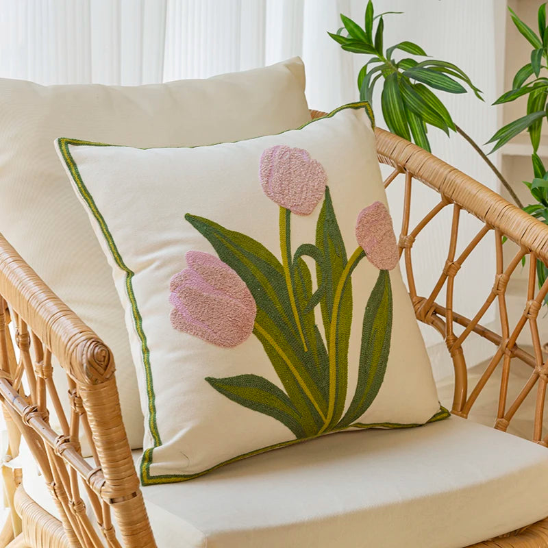 Embroidery Tulip Floral Throw Pillow Cover