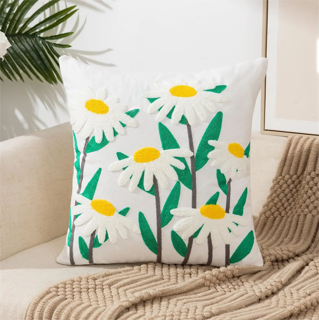 Yellow Vase Embroidery Flower Throw Pillow Cover