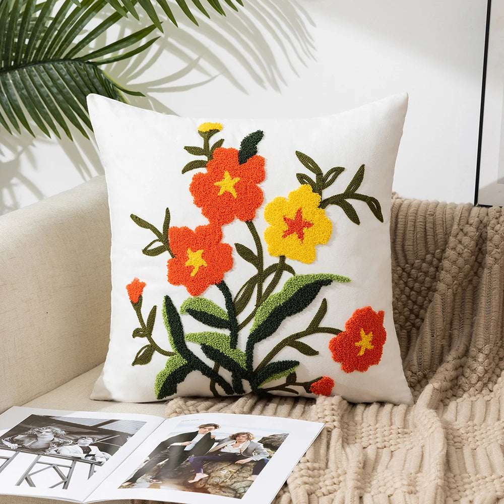 Yellow Vase Embroidery Flower Throw Pillow Cover