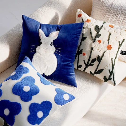 Embroidery Blue Nordic Flower Throw Pillow Cover