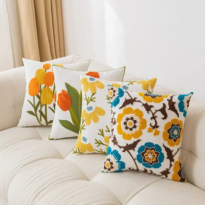 Yellow Vase Embroidery Flower Throw Pillow Cover