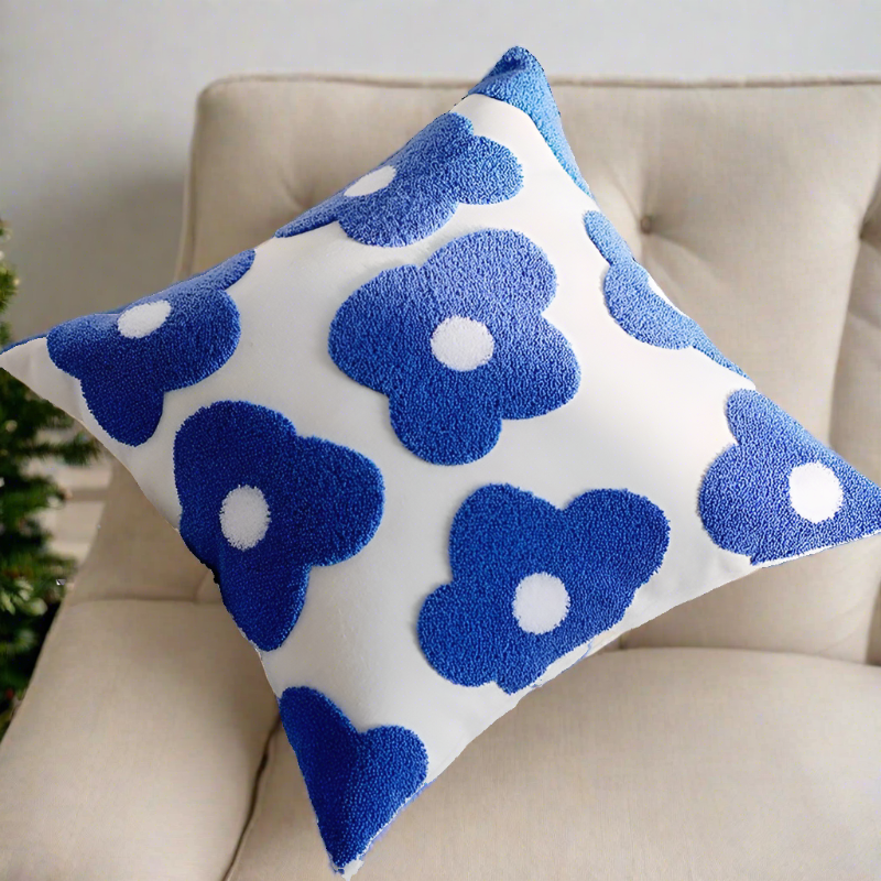 Embroidery Blue Nordic Flower Throw Pillow Cover
