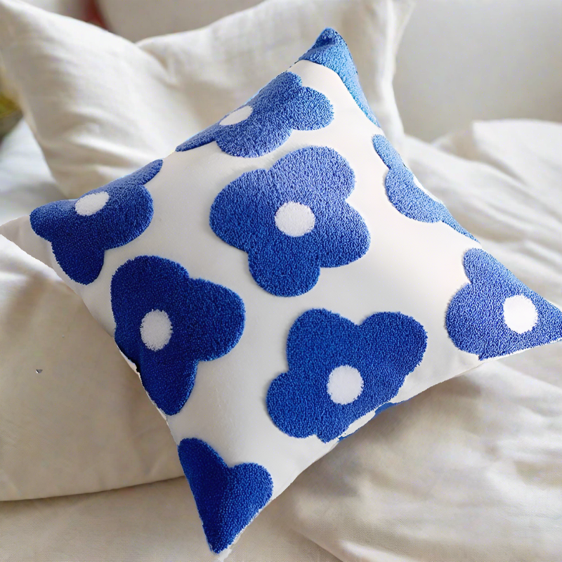 Embroidery Blue Nordic Flower Throw Pillow Cover